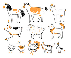 Set with different farm animals in a linear doodle style. Illustration with pets isolated on a white background. Kid illustration.