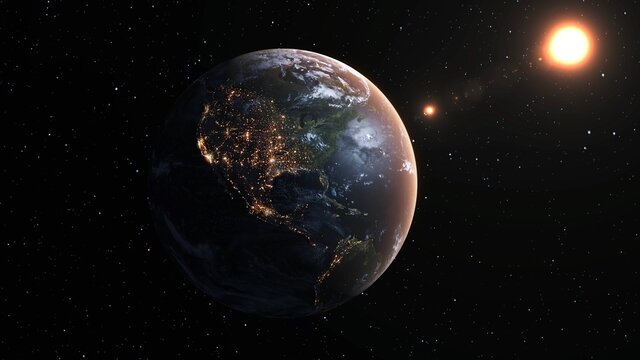 Planet earth with realistic geography surface and orbital 3D cloud atmosphere . Outer space view of world globe sphere of continents . 3D rendering graphic . Elements of this image furnished by NASA . © Blue Planet Studio