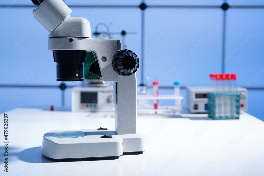 Sticker Microscope in a scientific microbiology laboratory of a medical clinic