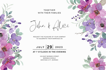 Wedding template with purple floral watercolor - obrazy, fototapety, plakaty