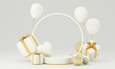 Romantic creative composition. Happy Valentine's Day. Realistic 3d festive decorative objects, heart shaped balloons and love, falling gift box, glitter gold. Holiday banner and poster. 3d render