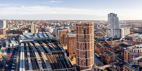 Aerial view of Leeds railway station city skyline