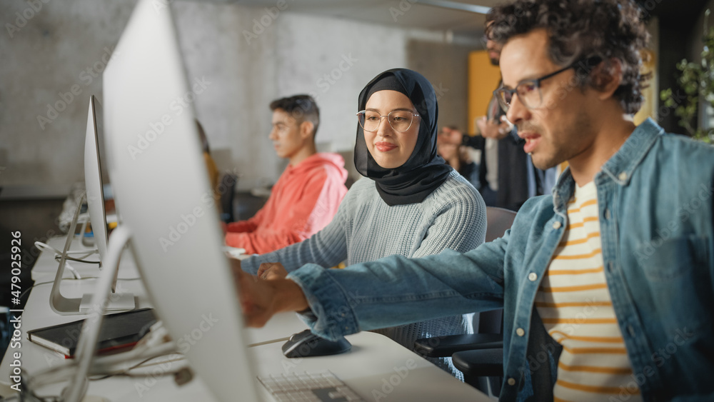 Poster female muslim student wearing hijab, studying in modern university with diverse multiethnic classmat