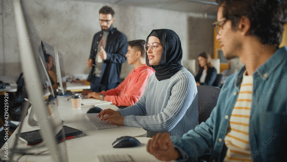 Poster female muslim student wearing hijab, studying in modern university with diverse multiethnic classmat