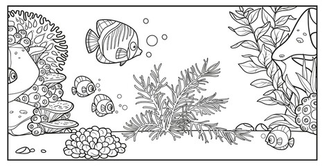 Underwater inhabitants against the backdrop of the seabed of corals, algae and anemones  outlined variation for coloring page