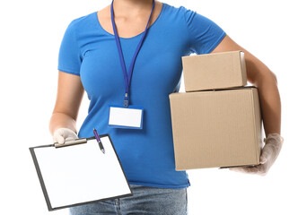 Female courier with parcels and clipboard on white background