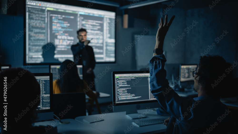 Aufkleber teacher giving computer science lecture to diverse multiethnic group of female and male classmates i