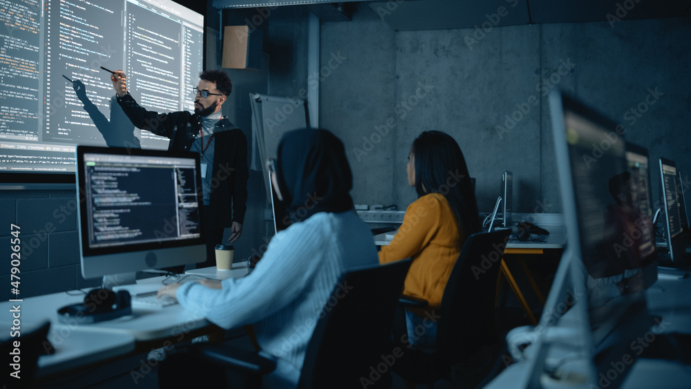 Leinwandbilder Teacher Giving Computer Science Lecture to Diverse Multiethnic Group of Female and Male Students in Dark College Room. Projecting Slideshow with Programming Code. Explaining Information Technology.