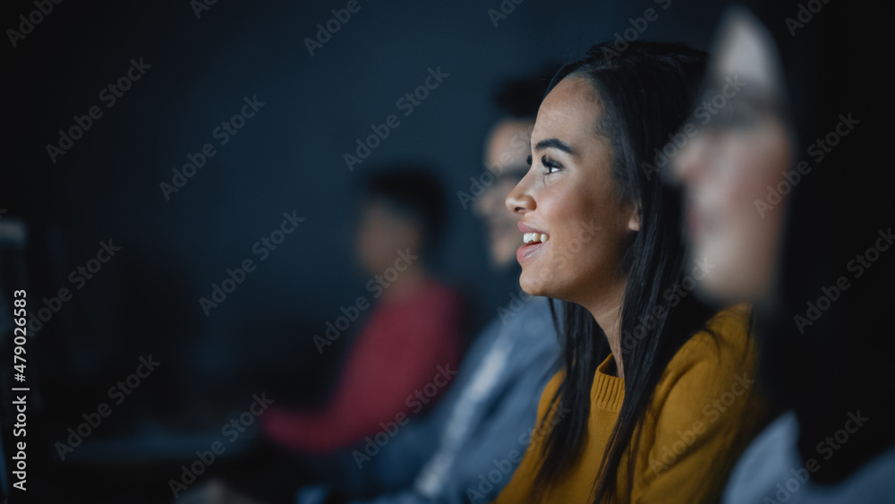 Poster diverse multiethnic group of female and male students sitting in college room, collaborating on scho