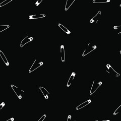 Safety pins black and white vector seamless pattern on black background.
