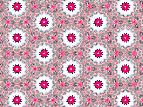 A sophisticated kaleidoscopic pattern in vibrant pink,  grey and white colors. An elaborate fashion surface print for textile design, packaging, wrapping paper and stationery.