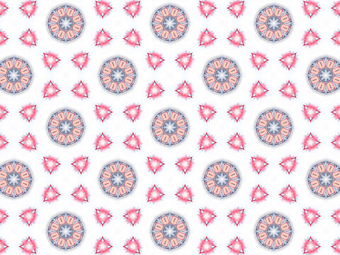 A sophisticated kaleidoscopic pattern in vibrant pink, red, grey and white colors. An elaborate fashion surface print for textile design, packaging, wrapping paper and stationery.