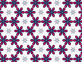 A sophisticated kaleidoscopic pattern in vibrant pink, red, grey and white colors. An elaborate fashion surface print for textile design, packaging, wrapping paper and stationery.
