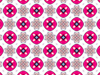 Fototapeta na wymiar A sophisticated kaleidoscopic pattern in vibrant pink, red, grey and white colors. An elaborate fashion surface print for textile design, packaging, wrapping paper and stationery.