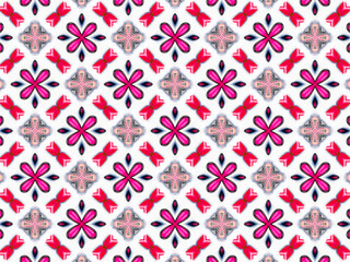 A sophisticated kaleidoscopic pattern in vibrant pink, red, grey and white colors. An elaborate fashion surface print for textile design, packaging, wrapping paper and stationery.