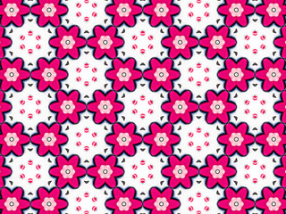 A sophisticated kaleidoscopic pattern in vibrant pink, red, grey and white colors. An elaborate fashion surface print for textile design, packaging, wrapping paper and stationery.