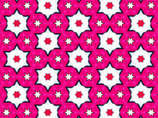 A sophisticated kaleidoscopic pattern in vibrant pink, red, grey and white colors. An elaborate fashion surface print for textile design, packaging, wrapping paper and stationery.