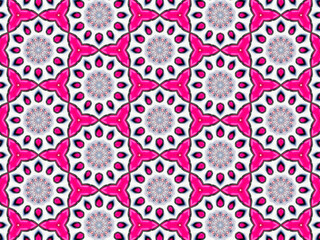 A sophisticated kaleidoscopic pattern in vibrant pink, red, grey and white colors. An elaborate fashion surface print for textile design, packaging, wrapping paper and stationery.