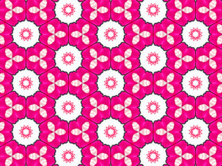 A sophisticated kaleidoscopic pattern in vibrant pink, red, grey and white colors. An elaborate fashion surface print for textile design, packaging, wrapping paper and stationery.