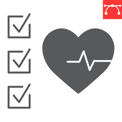 Health check glyph icon, diagnosis and heartbeat, medical report vector icon, vector graphics, editable stroke solid sign, eps 10.