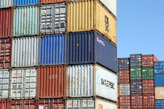 HAMBURG, GERMANY - JUNE 1, 2020: Intermodal containers stacked at the Port of Hamburg