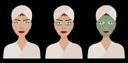 Set of woman faces with cosmetic mask. SPA at home illustration.