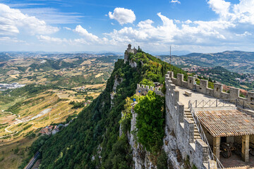 Scenic panoramic view over Republic of San Marino seen from Mount Titano