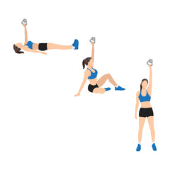 Fototapeta premium Woman doing Turkish get ups exercise. Flat vector illustration isolated on white background