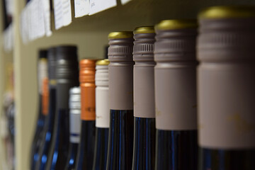 Wine bottles on wooden shelf in wine store