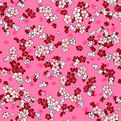Cherry white and red flowers in blossom seamless vector pattern on pink background. 