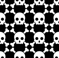 Vector seamless pattern of flat minimal white skull and crossbones on black background.