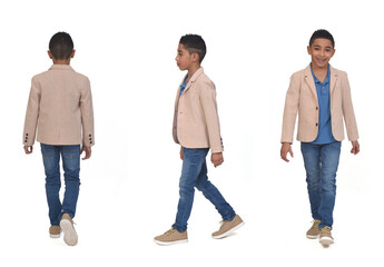 rear, front and side view of boy with jeans and blazer walking on white background