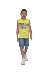 front view of a full portrait of a boy dressed in shorts and sleeveless walking on white background