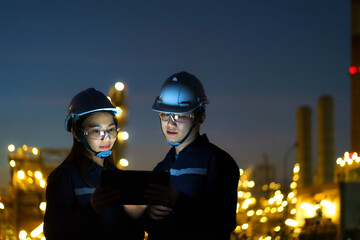 Asian engineers, man and woman are checking the maintenance of the oil refinery factory at night via digital tablets..