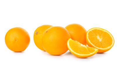 Fresh ripe cut oranges on white background