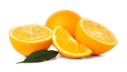 Ripe fresh cut oranges on white background