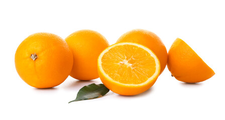 Fresh ripe cut oranges on white background