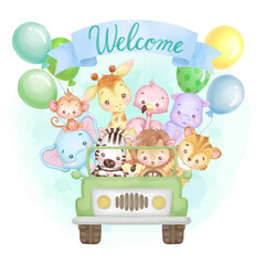 cute baby animals in a car with welcome lettering. Blue ribbon and balloon. vector illustration.