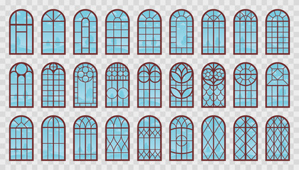 Window Arched Wooden Frames Collection. Vector Set of Isolated Windows with Sky Reflection for Outdoor View on Architecture Design.