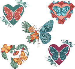 Beautiful colored ethnic love butterflies are hand drawn