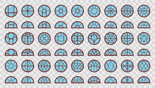 Dormer Wooden Window Frames Collection. Vector Set of Isolated Attic Windows with Sky Reflection for Outdoor View on Architecture Design.