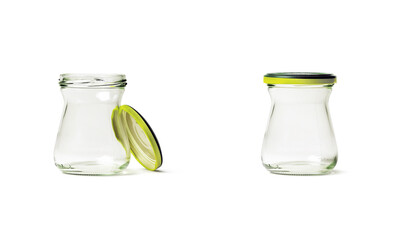 open glass jar and closed glass jar, isolated on white background