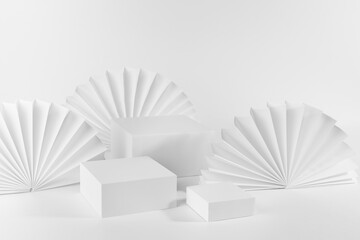 White abstract stage with set of three podiums mockup for presentation of cosmetic produce, advertising, design in geometric minimal style with light asian paper fans, arch, side view, corner, 3d.