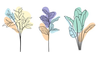 Set botanical floristic sketch contour branches with leaves. Continuous one line drawing with color spots. Line art. Tropic leaf.