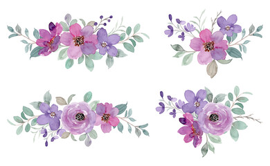 Fototapeta na wymiar Purple green floral arrangement collection with watercolor
