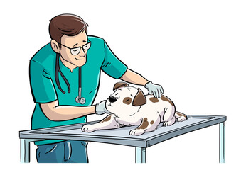 Illustration of veterinarian attending to a dog at the consultation table © cirodelia