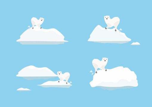 set of glacier cartoon with polar bear vector isolated on plane background