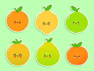 Cute happy citrus icons set. Vector hand drawn trendy cartoon character illustration. Set of citrus for a postcard, concept of a set of labels