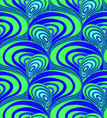 Psychedelic green and blue hues seamless vector pattern of waving lines in the 60's and 70's optical art style.