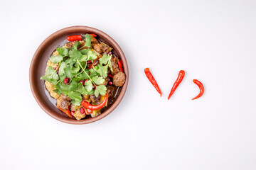 lamb with bulgur and vegetables on a light decorated background
